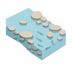 Isometric Flat Illustration Rocky River Landscape with Fish for Microstock Use