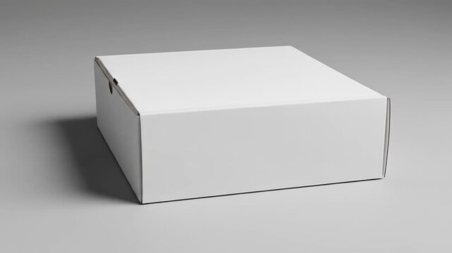 A blank, white, rectangular box sits on a plain gray surface, casting a shadow
