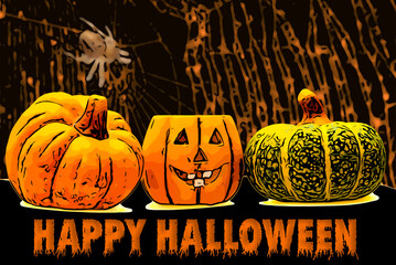 Text Halloween with pumpkins, spider and cobweb