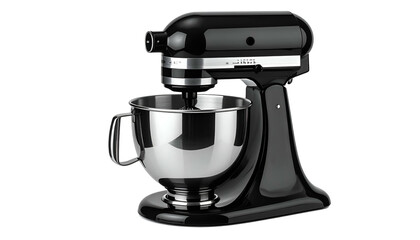 Shiny, black stand mixer with a stainless steel bowl, isolated on black