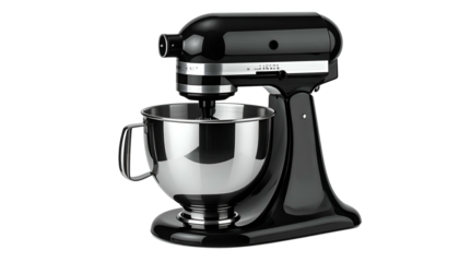 Shiny, black stand mixer with a stainless steel bowl, isolated on black