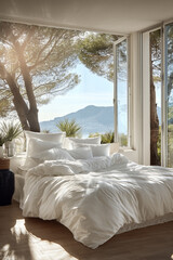 Photographic style visual. Bed viewed from 3/4, white duvet cover and white pillowcases. Pillows placed upright, contemporary bedroom, open glass bay window, seaside