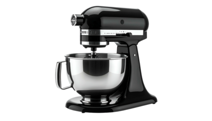 Glossy black stand mixer with stainless steel bowl, detailed features against black background