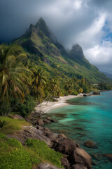 Beautiful tropical landscape, dramatic contrast: a towering volcano with its peak hidden in misty clouds on one side, and a serene beach with crystal-clear turquoise waters on the other. 