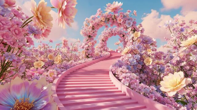 Enchanted Pink Floral Stairway in a Whimsical Dreamscape.