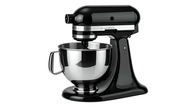 Shiny, black stand mixer with a stainless steel bowl, isolated on black