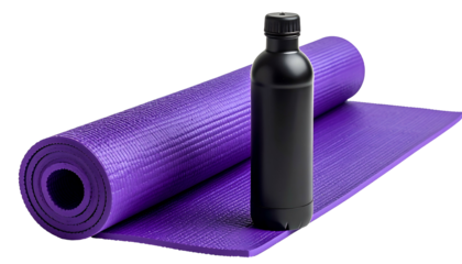A rolled-up purple yoga mat and a black water bottle, arranged for fitness or exercise