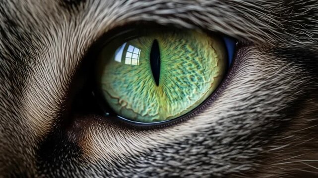 Close-up of a cat's eye with vibrant green hues