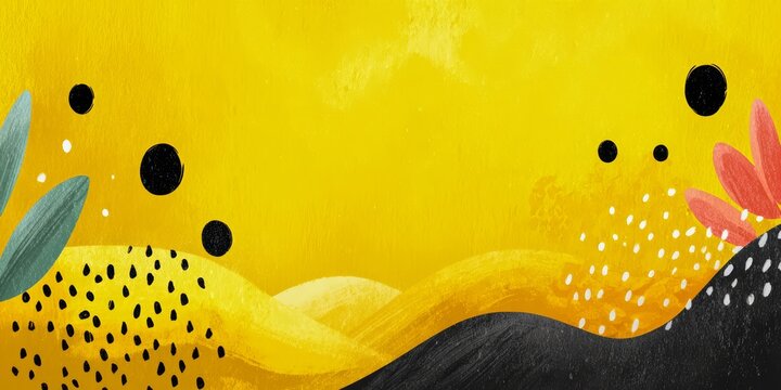 Yellow background with black and green dots and flowers. The flowers are scattered all over the background