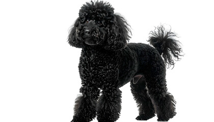 A regal black poodle stands in a poised pose, with a curly coat and fluffy tail