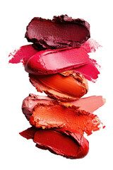 Lipstick swatches in various shades of red and pink, stacked vertically against a black background.  Swatches show texture and color variations