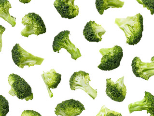 Broccoli florets scattered on black background