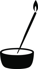 Black and white simple graphic of a burning incense stick in a bowl symbolizing meditation peace and aromatherapy wellness rituals