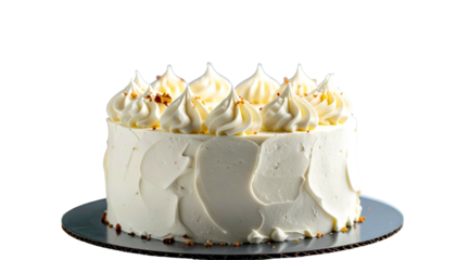 Round cake with creamy white frosting and decorative swirls. Nuts sprinkled on top