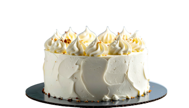 Round cake with creamy white frosting and decorative swirls. Nuts sprinkled on top