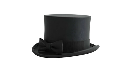 Black top hat with a bow tie, isolated on a dark background. Highly detailed rendering