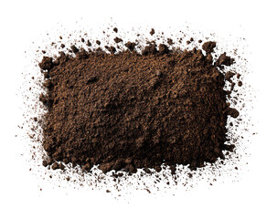 Dark brown soil sample, rectangular shape, surrounded by scattered specks