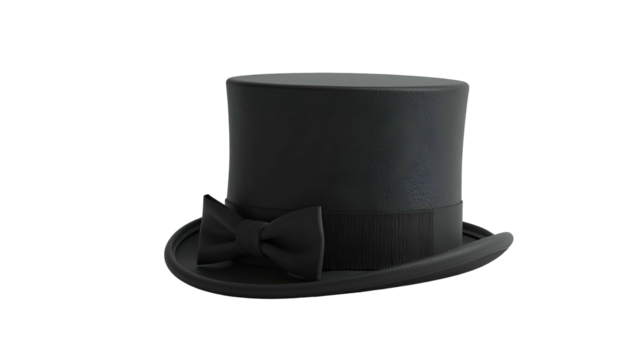 Black top hat with a bow tie, isolated on a dark background. Highly detailed rendering