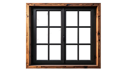 Wooden-framed window with multiple panes against a black backdrop, some panes appear missing