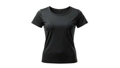 A sleek, short-sleeved, black tee-shirt with a rounded neckline, isolated on black