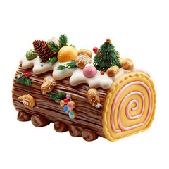 Christmas Yule Log Cake with Decorations on Black Background.