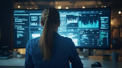 Focused person viewing data charts on a large curved monitor in a dim room - Powered by Adobe