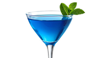 Vivid blue cocktail in a martini glass, garnished with mint, against a black background