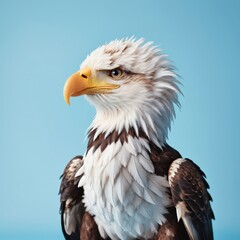 Obraz premium Baby bald eagle up close, set against a blue background, showcasing white head plumage and focused gaze.