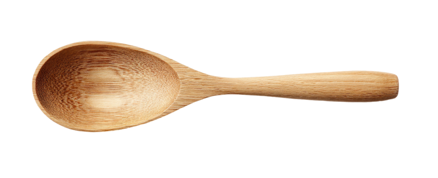 A light brown wooden ladle spoon, angled