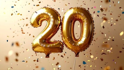Gold balloons forming "20" amidst confetti