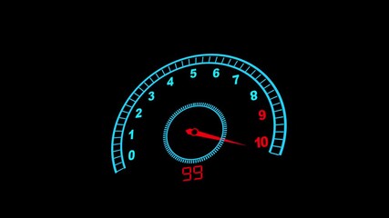 Digital speedometer with blue gauge, red needle, and numeric display on dark black interface design. Blue Tachometer Gauge with Red Needle and Digital Display on Black Background speedometer. - Powered by Adobe