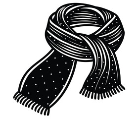 Classic monochrome vector illustration of a warm winter scarf, featuring a simple dotted pattern and fringed edges, representing cold weather fashion and cozy style