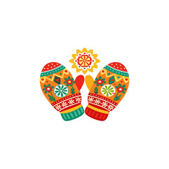 Vibrant traditional folk art knit mittens, adorned with intricate colorful floral and geometric embroidery patterns, evoking cozy warmth and festive seasonal charm