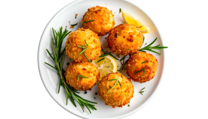 Golden-brown, fried food balls arranged on a white plate with lemon and herbs