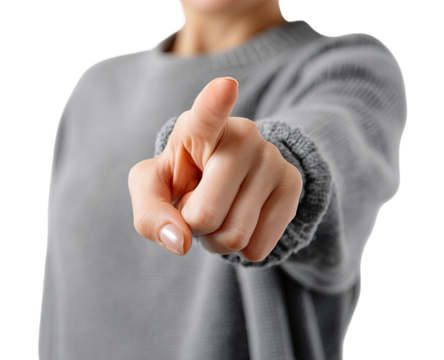 Close-up of a hand pointing directly forward, a light gray knit sweater visible