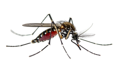 Macro, detailed, isolated image of a mosquito, showcasing its body details on black