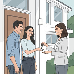 Obraz premium Young couple receives keys to new home from real estate agent