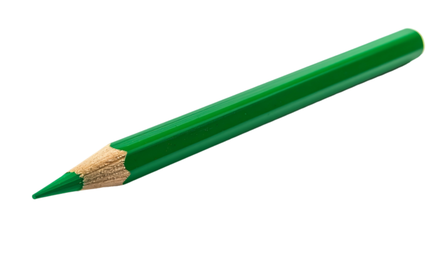 Single, vibrant green colored pencil, sharply pointed, isolated against black background