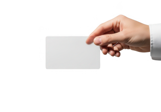 Man s hand holding a blank white business card isolated on transparent background