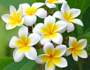 Close-up of several white and yellow tropical flowers with lush green leaves in the background