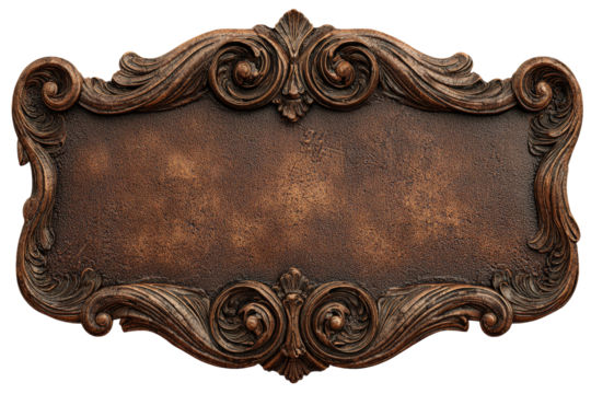 Ornate,  bronze-toned nameplate with sculpted,  baroque-style frame