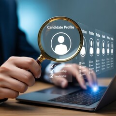 Magnifying glass over candidate profile on a laptop screen