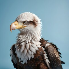 Obraz premium Baby bald eagle posing majestically with a soft blue backdrop, perfect for concepts of power, freedom, and nature.