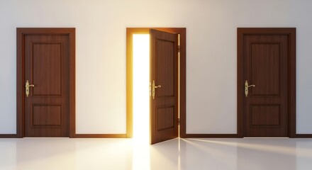 Fototapeta premium Three Wooden Doors in a White Wall with Open Door Letting Light Shine Through