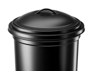 Close-up of a glossy black trash can with a lid
