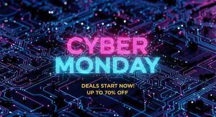 "Cyber Monday Huge Discount Sale Banner — Neon Tech Poster Advertising Up to 70% Off Limited-Time Deals"