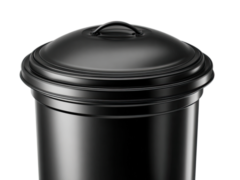 Close-up of a glossy black trash can with a lid