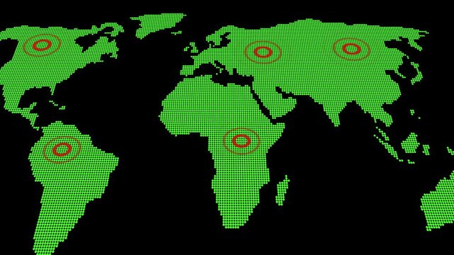Red circles on dotted world map over black background showcasing important global points. Dotted World Map with Red Circles on Black Background earth globe.