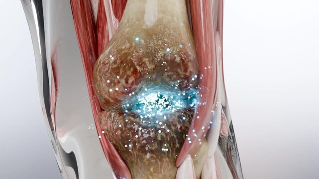 Human Knee joint pain treatment, rheumatoid osteoarthritis Healing, Orthopedics and orthopedic and arthritis, joint swelling, Inflamed bone cartilage, collagen and calcium, 3d render
