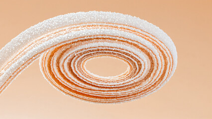 Fototapeta premium Macro close-up of a fruit leather candy roll or spiral gummi confection, generously coated in glittering sugar crystals on a soft pastel background